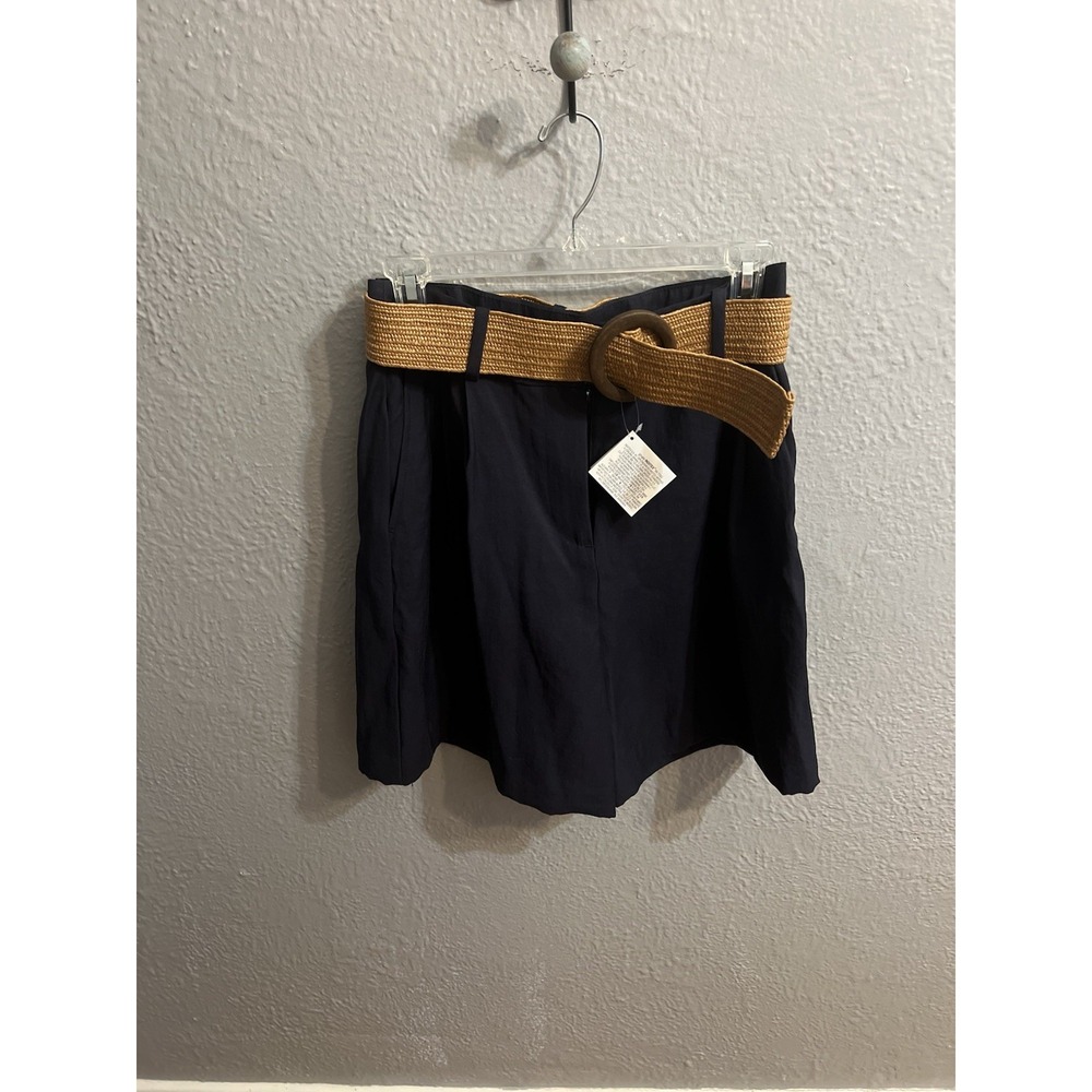 Zara Navy Blue High-Waist Shorts with Tan Belt - Picture 3 of 10